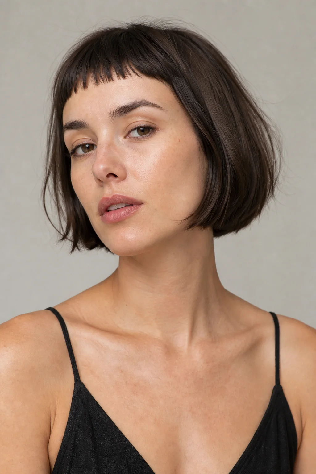 White woman with a short dark bob and baby Birkin bangs
