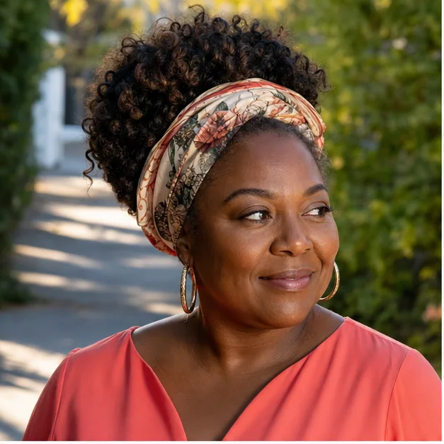 Black woman wearing a bandana-tucked curly updo