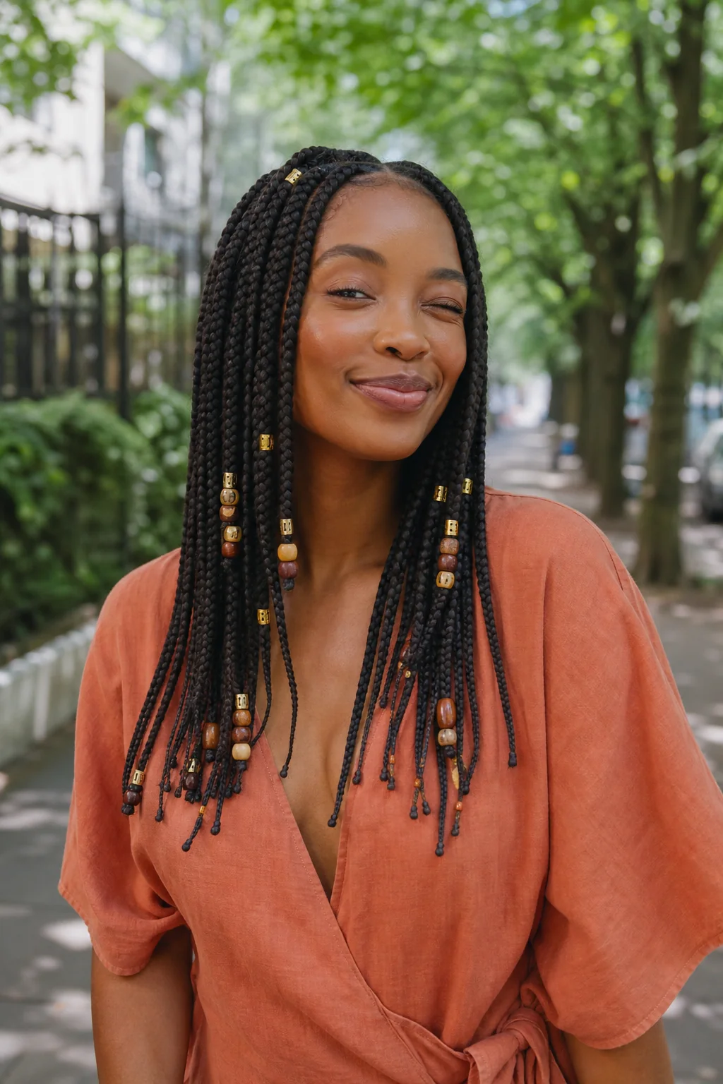 Black woman wearing box braids finished with wooden beads
