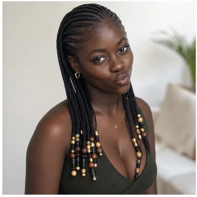 Black woman with feed-in braids decorated with beads