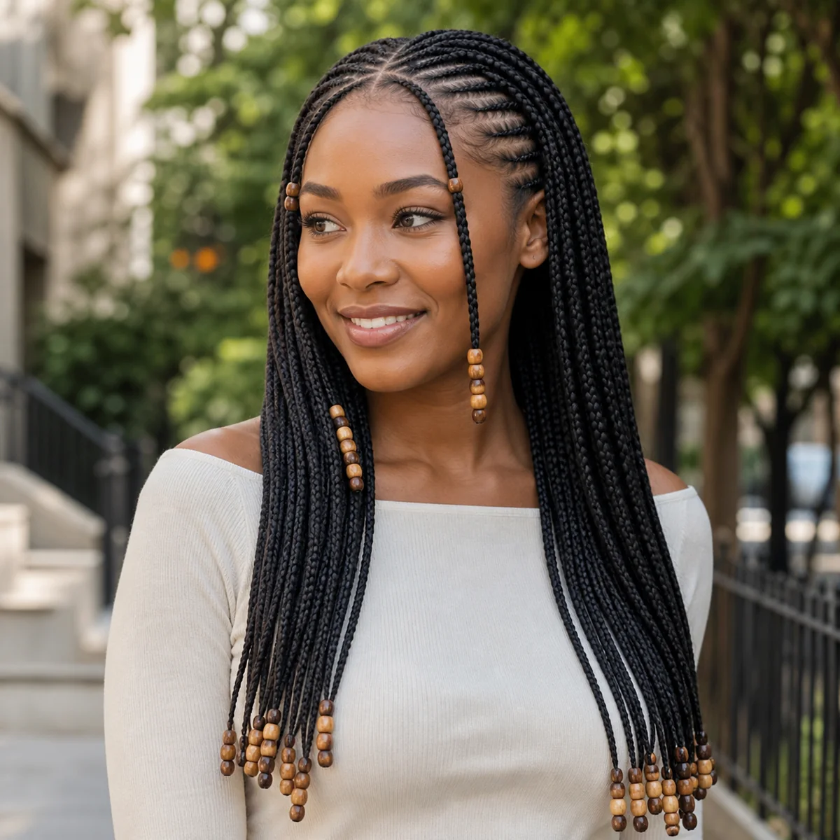 Fulani braids decorated with warm wooden beads