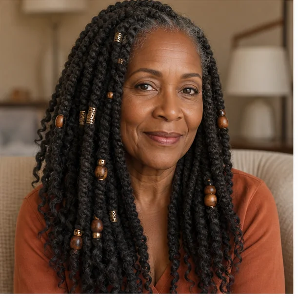 Black woman with Marley twists decorated with wooden beads