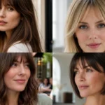 Collage of four women wearing soft Birkin bangs with different hair lengths and textures