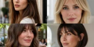 Collage of four women wearing soft Birkin bangs with different hair lengths and textures