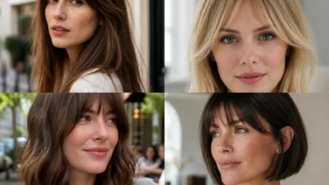 Collage of four women wearing soft Birkin bangs with different hair lengths and textures