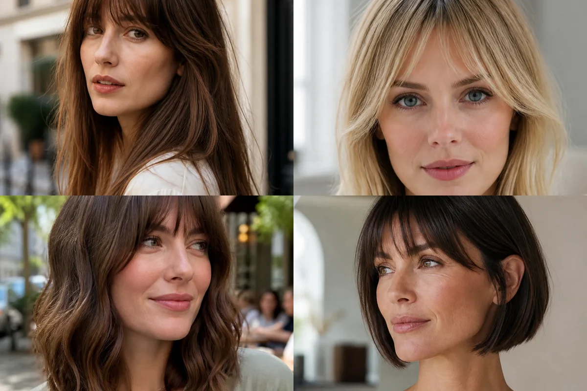 Collage of four women wearing soft Birkin bangs with different hair lengths and textures