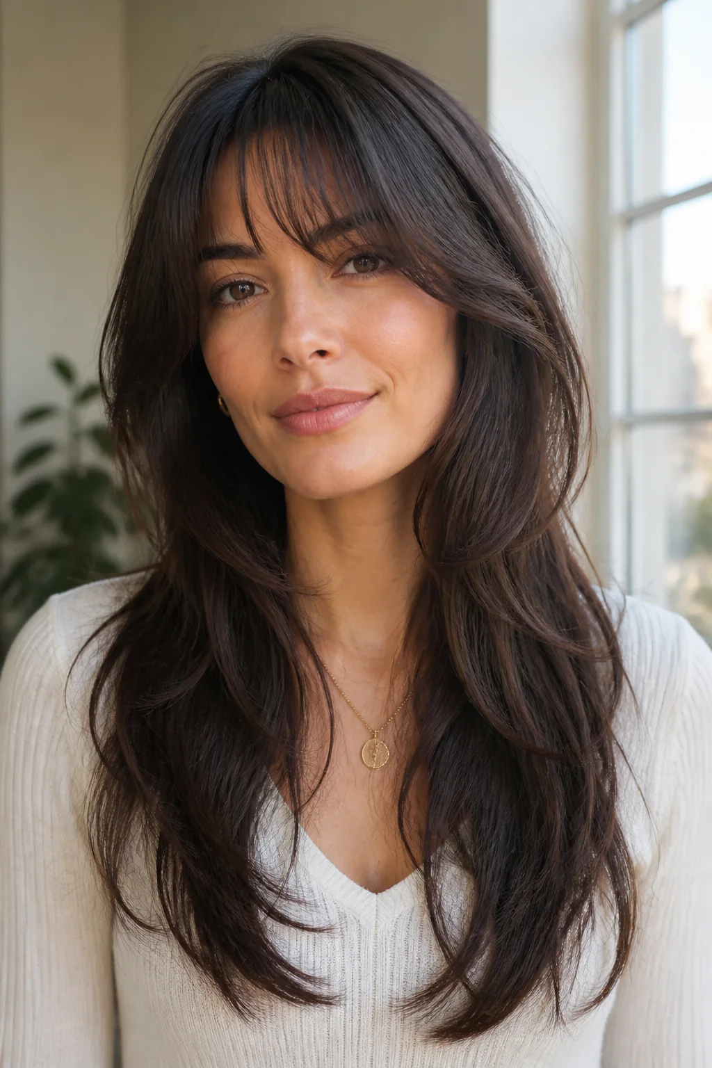 White woman with long layered chestnut hair and Birkin bangs