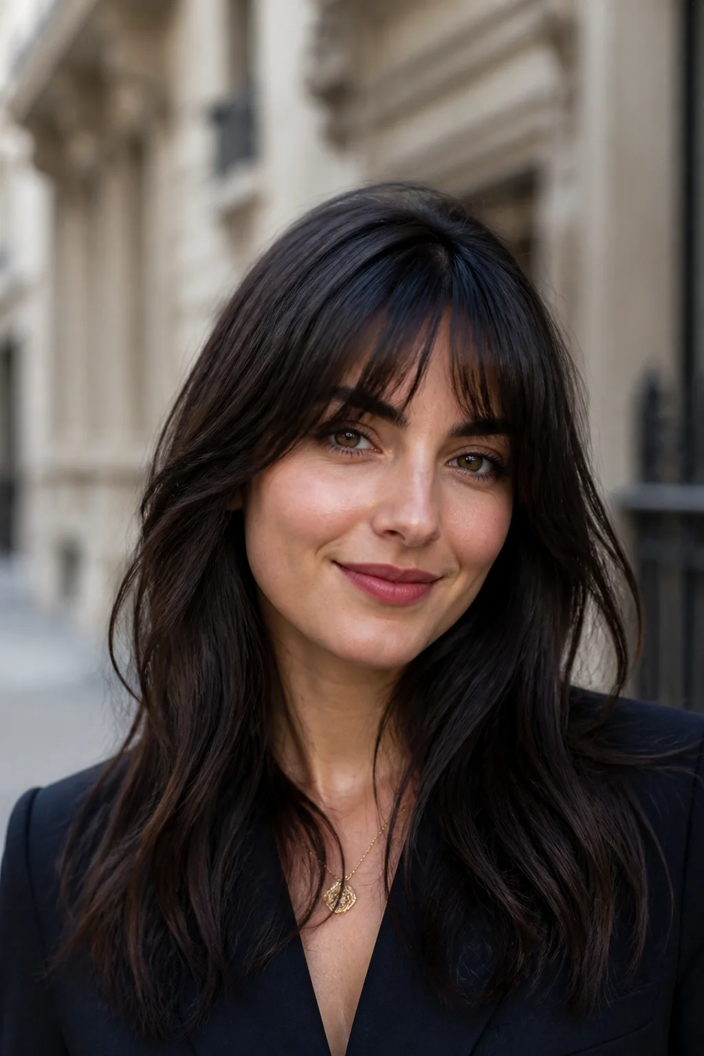 White woman with a round face and softly tapered Birkin bangs