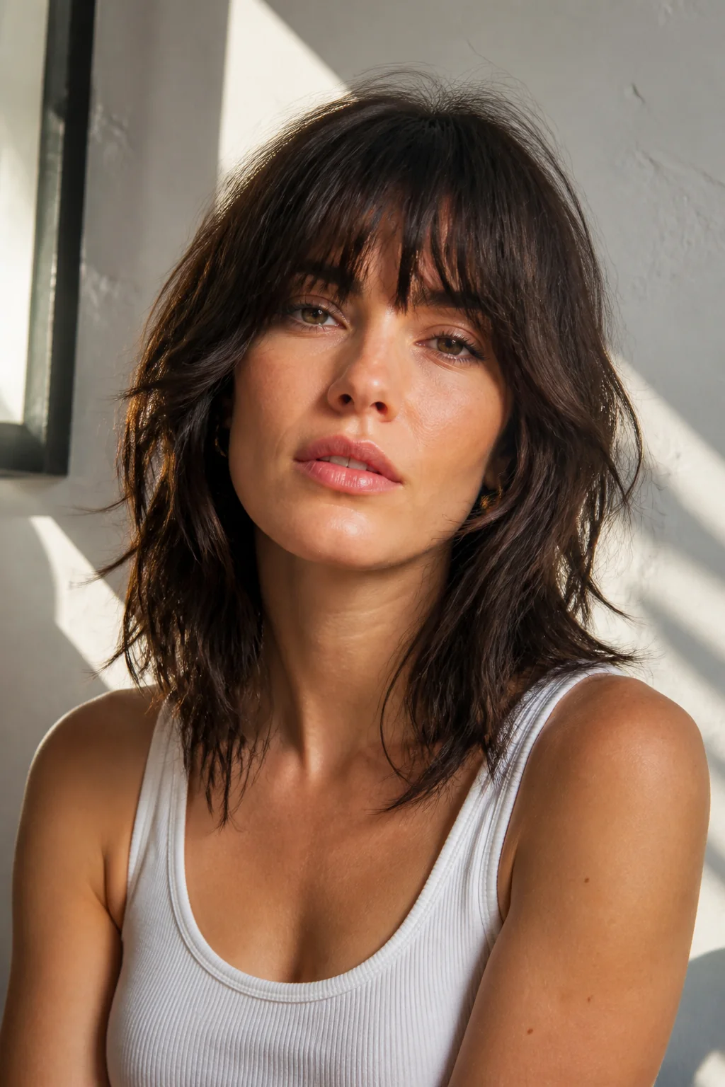 White woman with a medium brunette shag and Birkin bangs