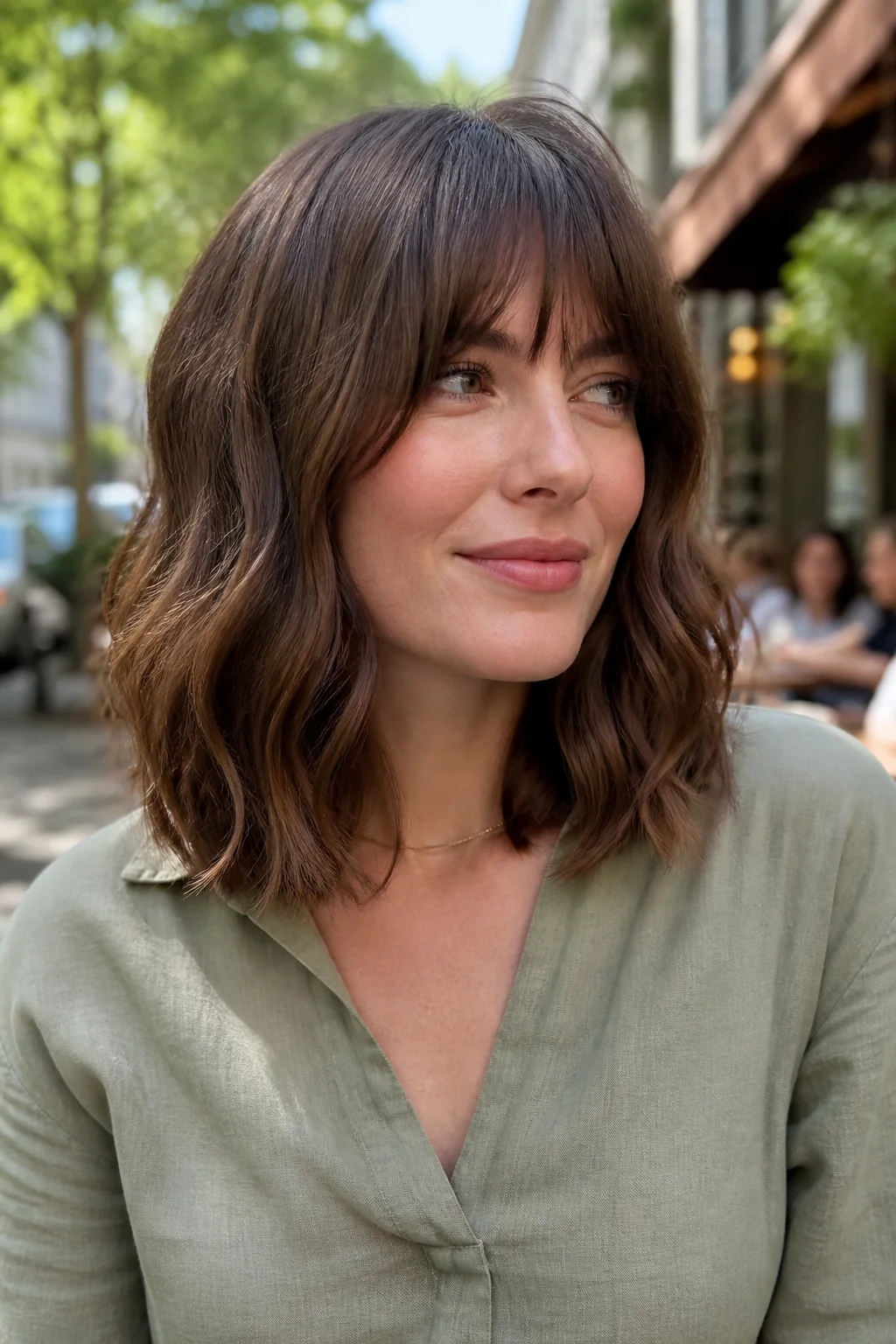 White woman with a wavy lob and Birkin bangs