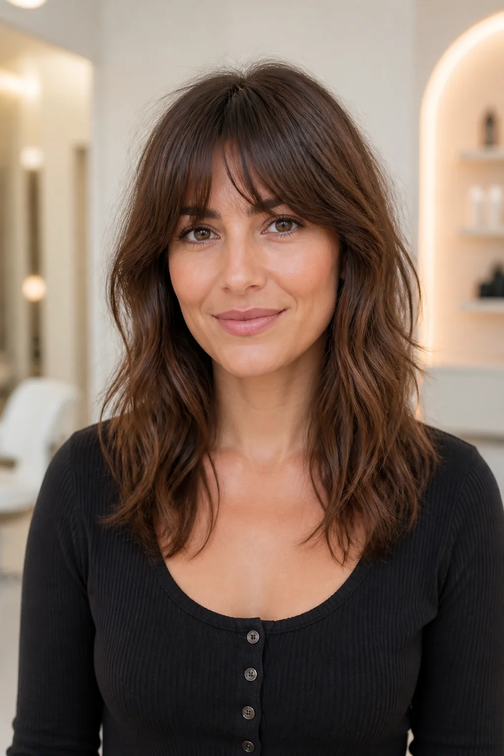 White woman with a square face and soft Birkin bangs