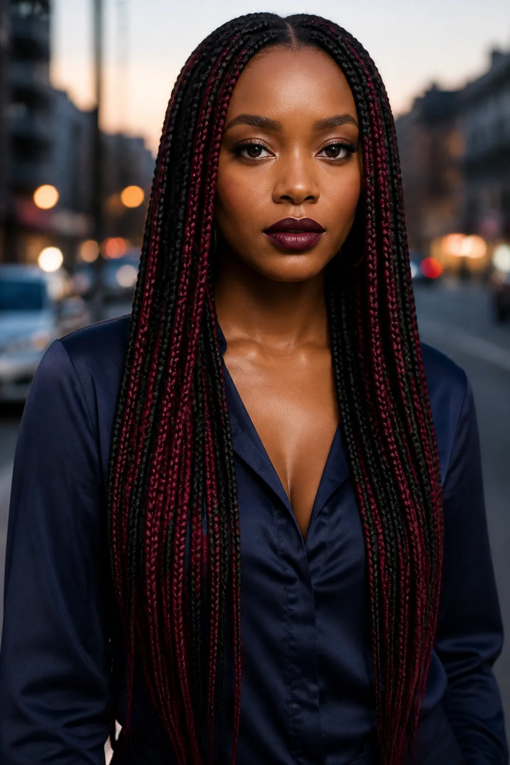 Black woman with black and burgundy box braids