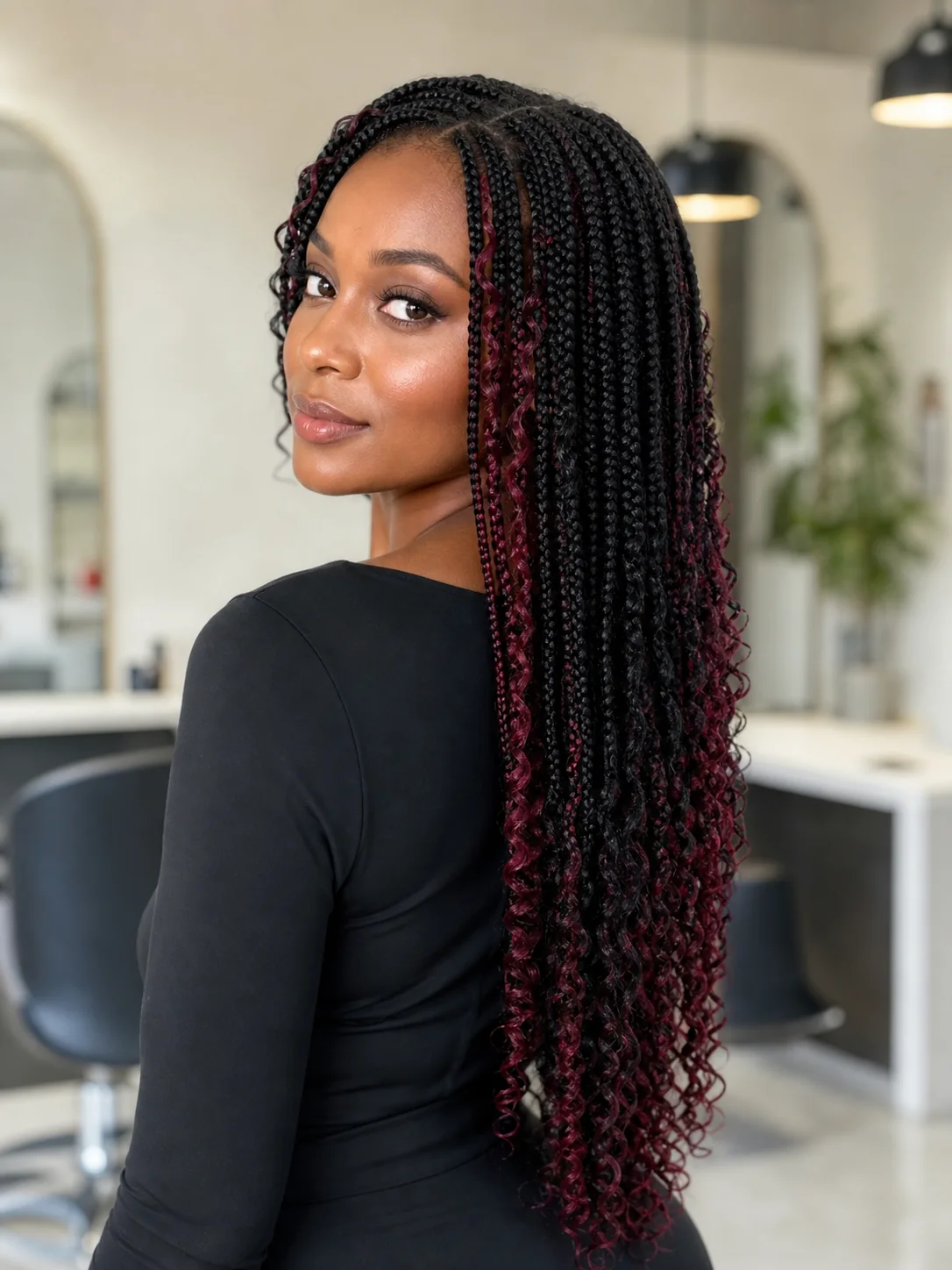Black French curl braids with burgundy accents