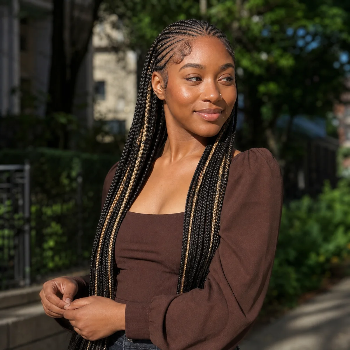 Dark Fulani braids with honey-blonde accents