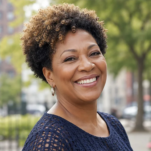 Black woman with a tapered Afro featuring honey-blonde tips
