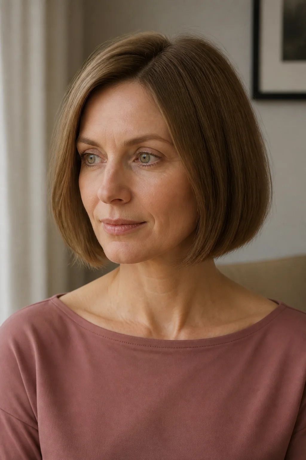 White woman with fine light brown hair wearing a blunt Italian bob