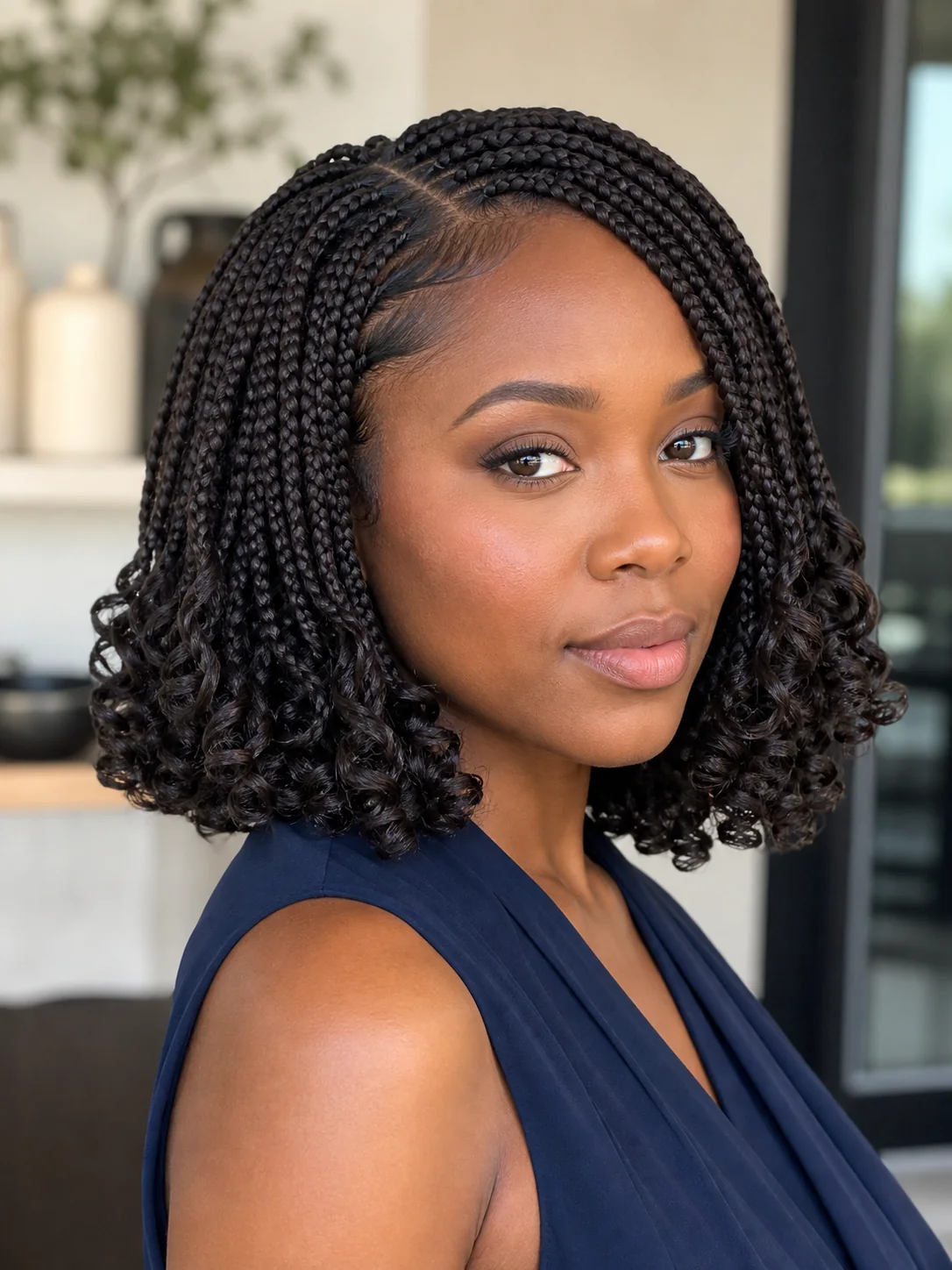 Bob-length French curl braids framing the jaw
