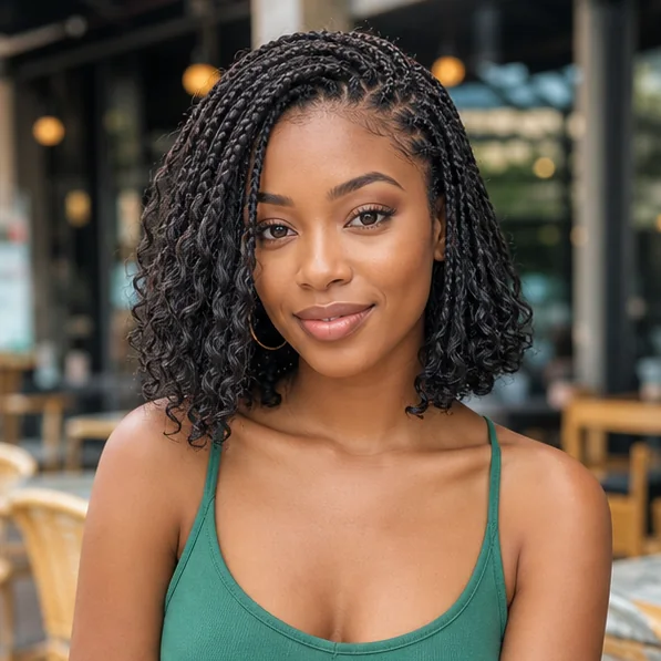 Black woman with a chin length boho braided bob