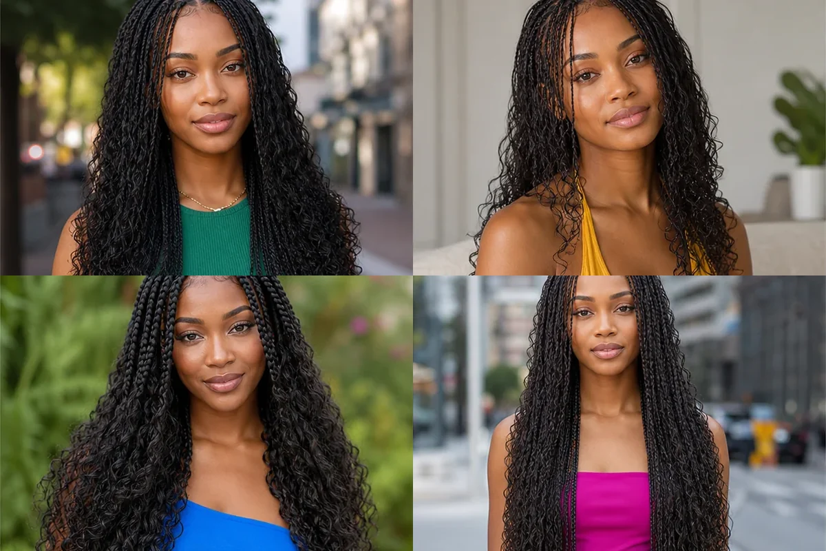 Collage of four Black women wearing soft romantic boho braid hairstyles