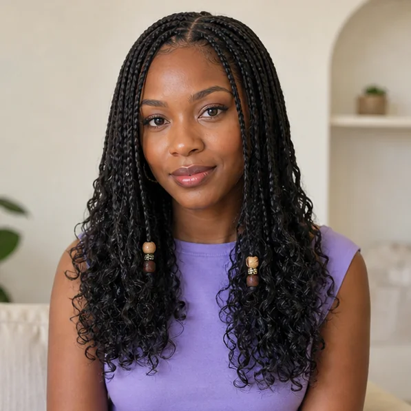 Black woman with boho braids decorated with minimal wooden beads