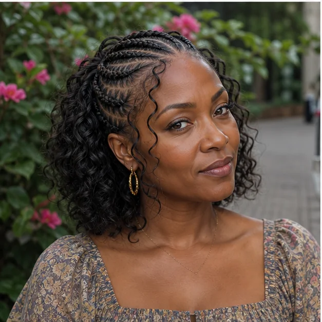 Black woman with boho feed-in braids and curly ends