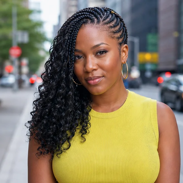 Black woman with side swept boho lemonade braids