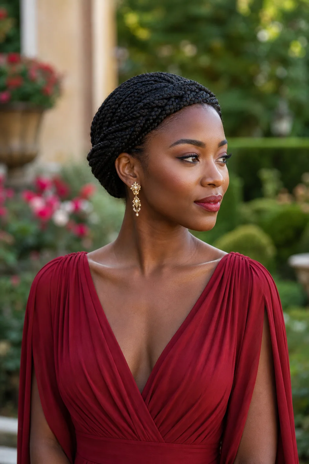 Black woman with box braids wrapped into a crown updo