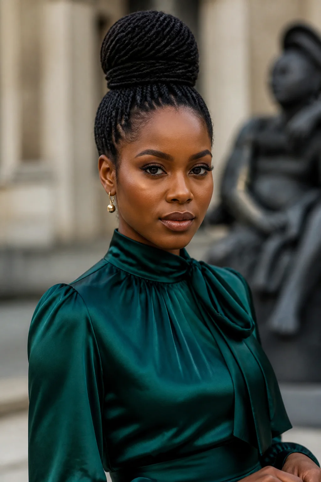 Black woman wearing box braids in a high top knot