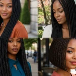 Collage of four Black women wearing polished box braids in different lengths and styles
