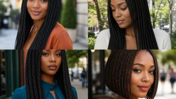 Collage of four Black women wearing polished box braids in different lengths and styles