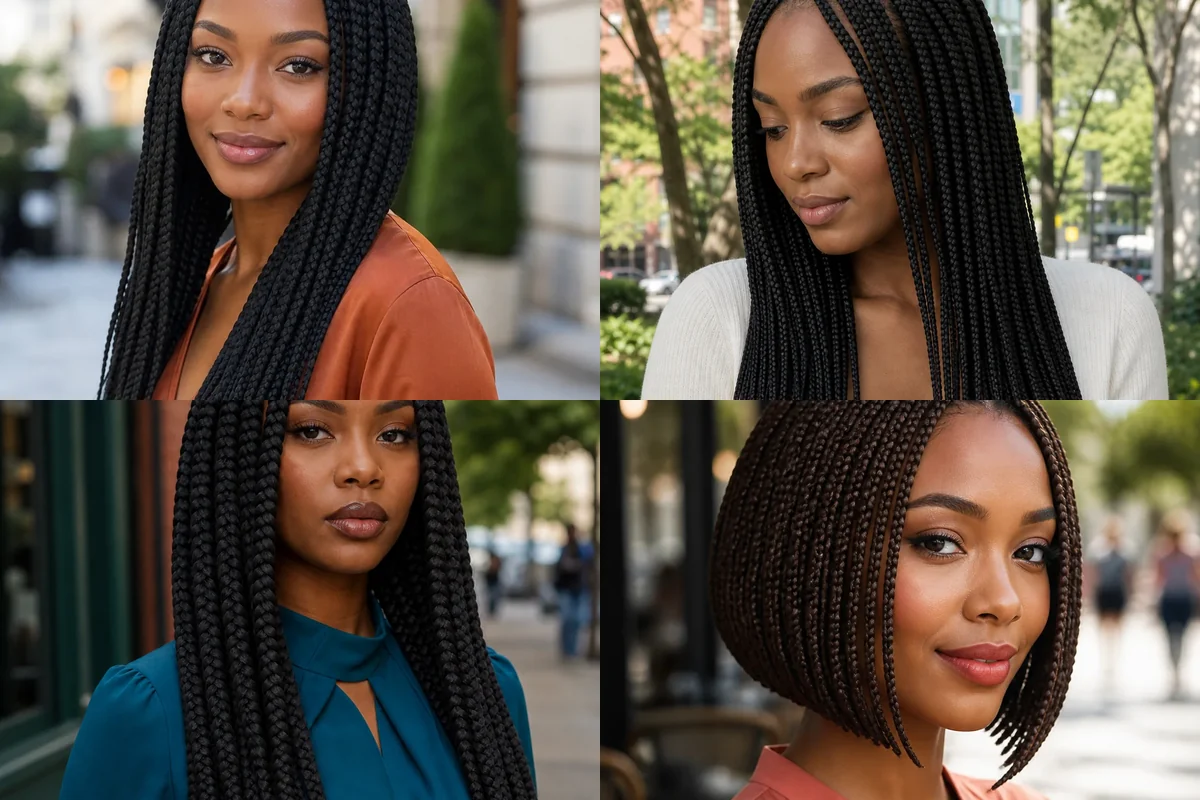 Collage of four Black women wearing polished box braids in different lengths and styles