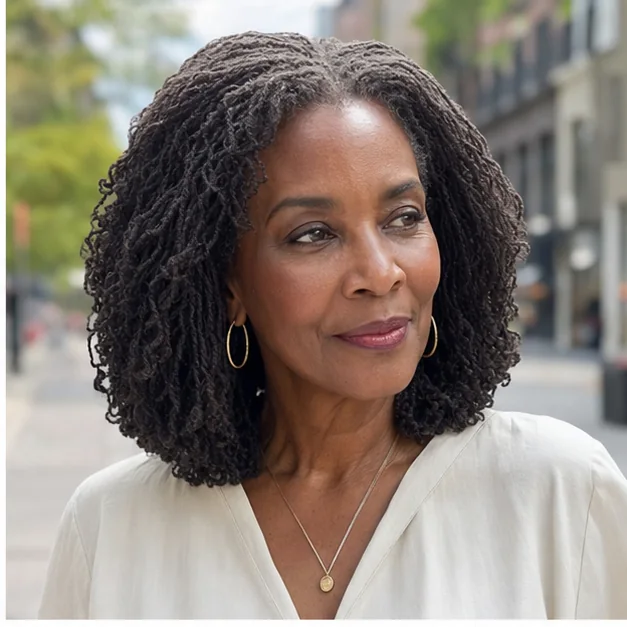 Black woman over 50 with wavy braid-out Sisterlocks