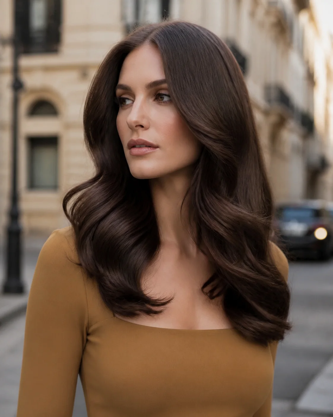 White woman wearing glossy brunette brushed-out curls