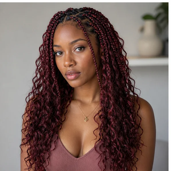 Black woman with burgundy boho braids