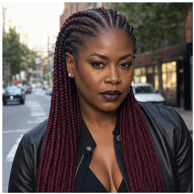 Black woman with deep burgundy feed-in braids
