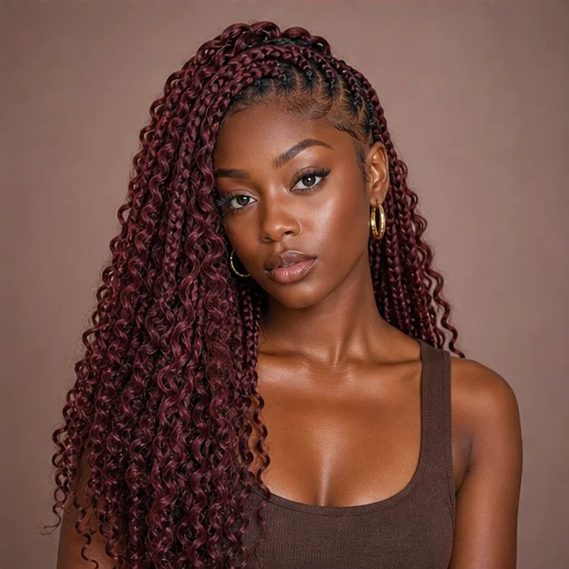 Black woman with burgundy goddess braids
