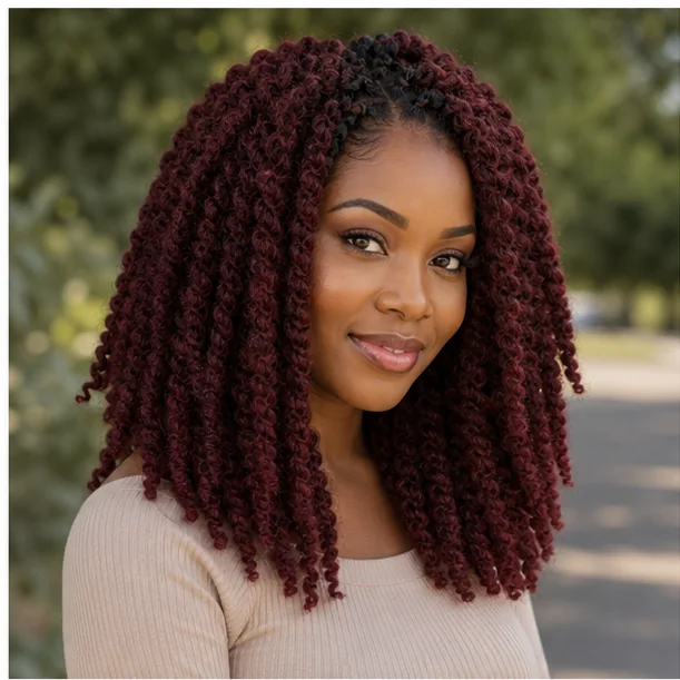 Black woman with deep burgundy Marley twists