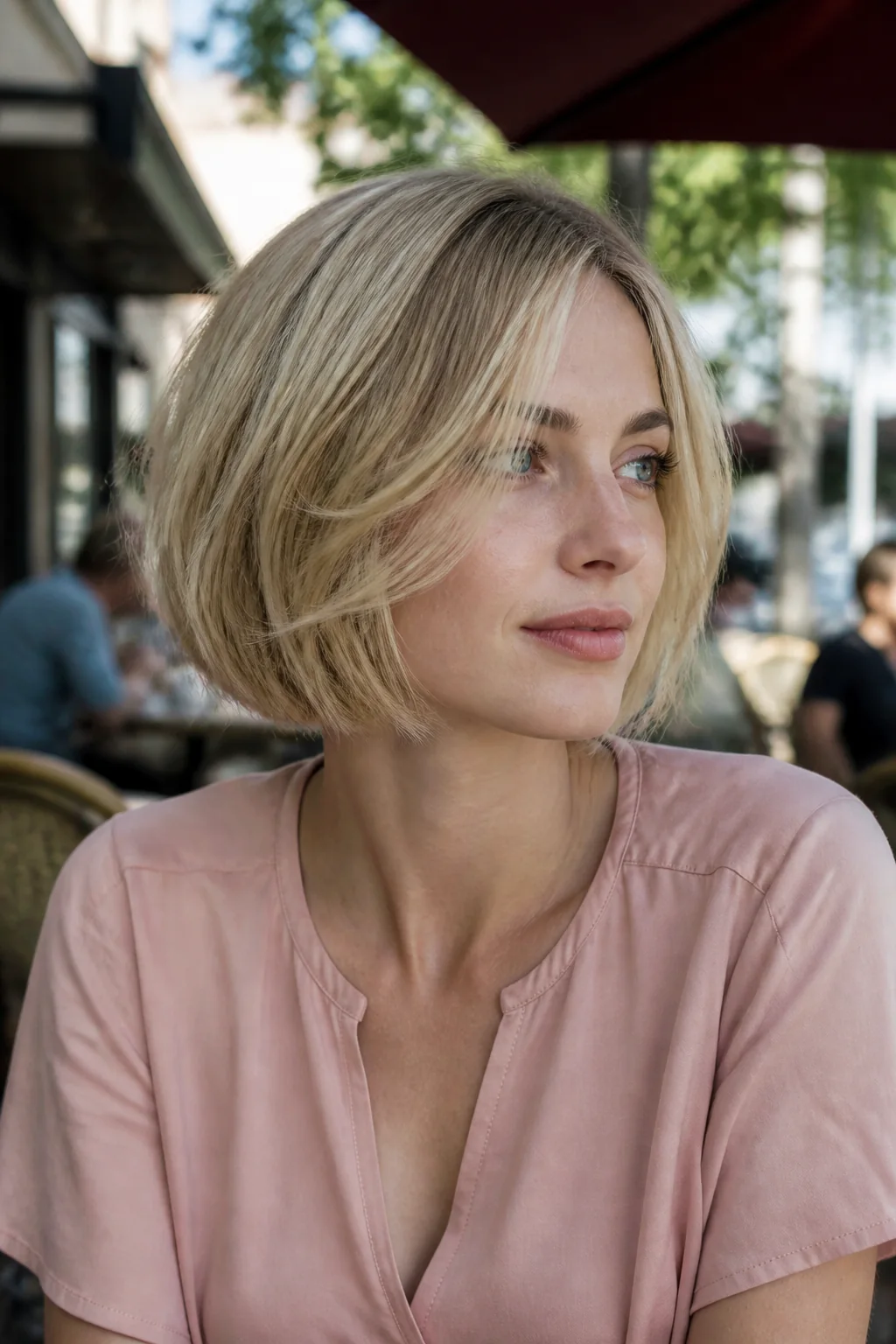 White woman with fine blonde hair wearing a butterfly bob