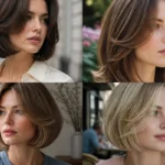 Collage of four butterfly bob haircuts with airy face-framing layers