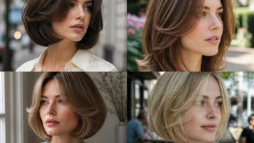 Collage of four butterfly bob haircuts with airy face-framing layers