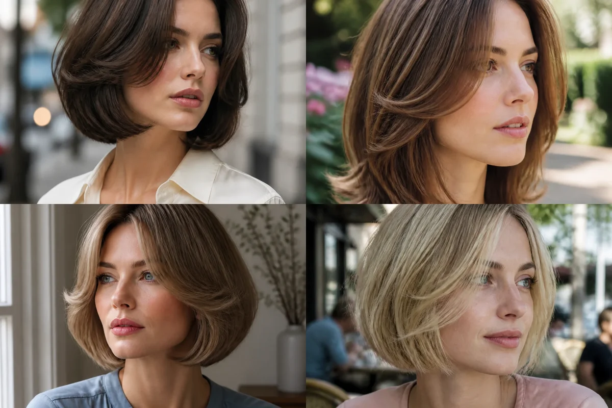 Collage of four butterfly bob haircuts with airy face-framing layers