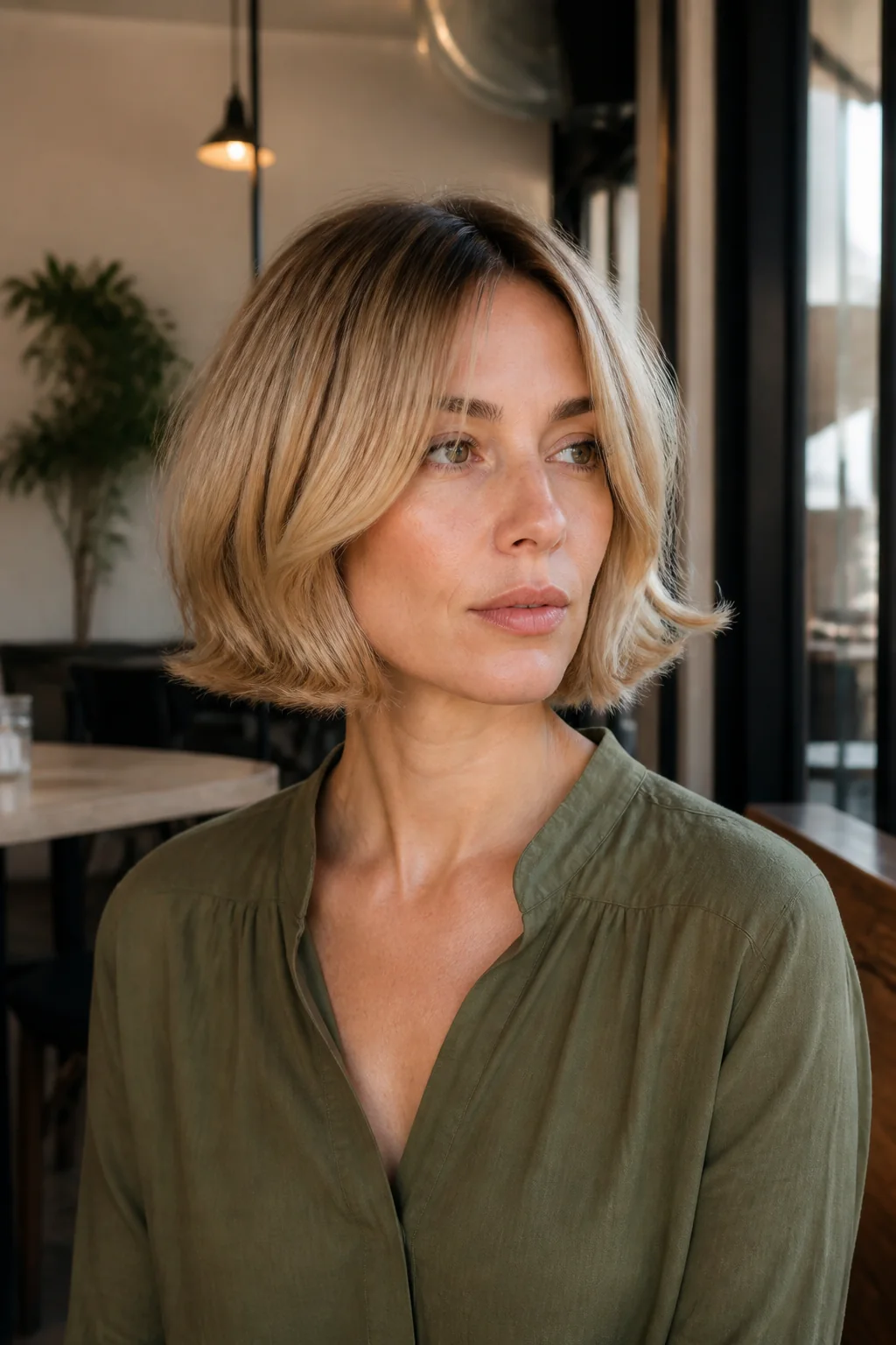 White woman with a long face wearing a blonde butterfly bob