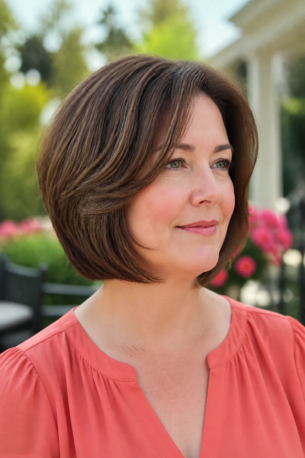 White woman with a round face wearing a butterfly bob