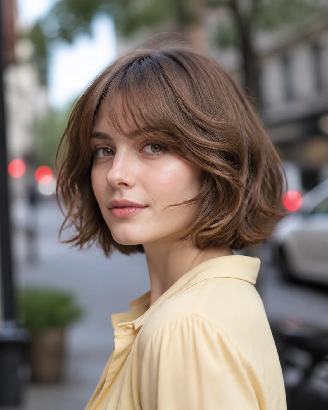 White woman with butterfly bob and wispy bangs