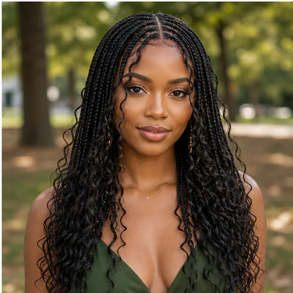 Black woman with center parted boho braids