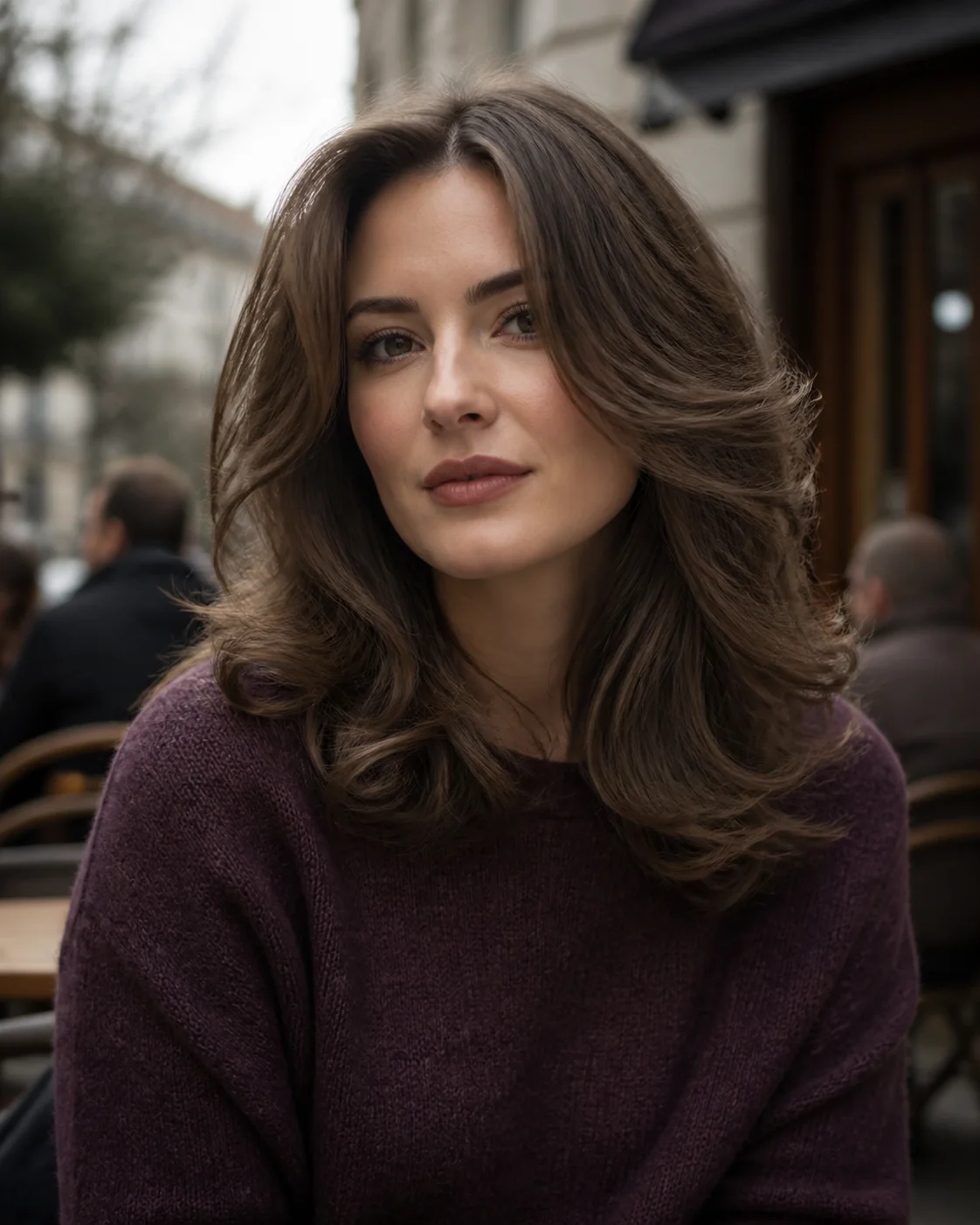 White woman wearing balanced center-part brushed-out curls