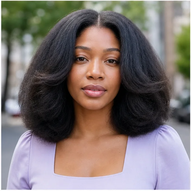 Black woman with a center-part cloud-like fluffy press