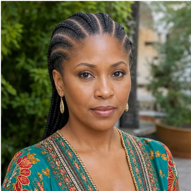 Black woman with center-part feed-in braids