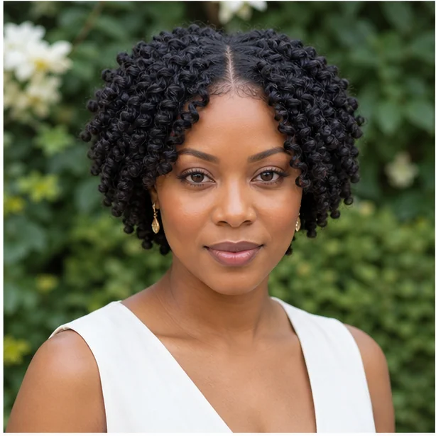 Black woman with symmetrical center-parted finger coils