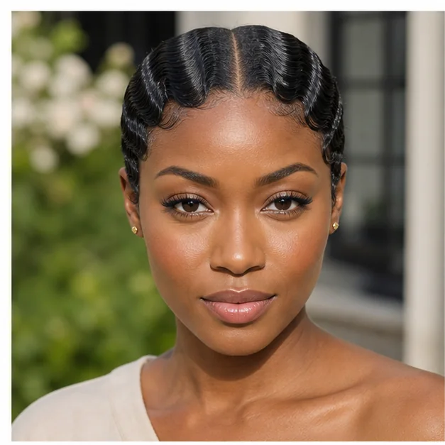 Black woman with symmetrical center-part finger waves